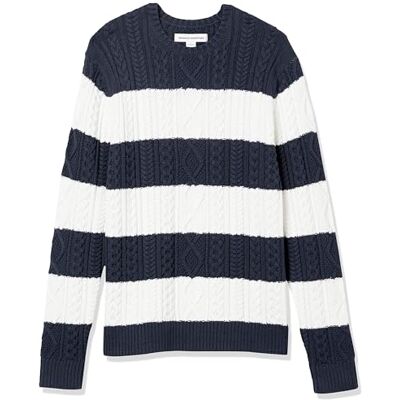AE-M-F20-SWT-143-RedBU-XX-Large Amazon Essentials Męski sweter z długim rękawem, 100% bawełna, kabel rybacki, okrągły dekolt, granatowy biały pasek do rugby, XXL AE-M-F20-SWT-143-RedBU-XX-Large Amazon Essentials Męski sweter z długim rękawem, 100% bawełna, kabel rybacki, okrągły dekolt, granatowy biały pasek do rugby, XXL