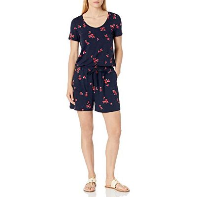 AE19113370-NYRTT-Medium Amazon Essentials damski kombinezon z krótkim rękawem i okrągłym dekoltem, granatowy/czerwony, tulipany, M AE19113370-NYRTT-Medium Amazon Essentials damski kombinezon z krótkim rękawem i okrągłym dekoltem, granatowy/czerwony, tulipany, M