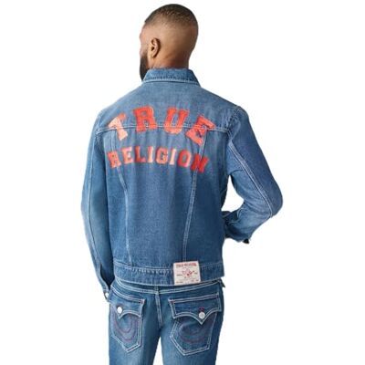 701024-IEGM-M True Religion Męska kurtka dżinsowa z pojedynczą igłą z prawdziwym nadrukiem, Średnie niebieskie pranie, M 701024-IEGM-M True Religion Męska kurtka dżinsowa z pojedynczą igłą z prawdziwym nadrukiem, Średnie niebieskie pranie, M