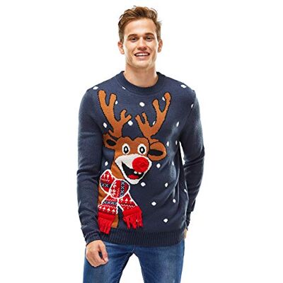 C-XJ-18014-MA-BU-XXXL-UK05 Unisex męski świąteczny sweter zabawny brzydki dinozaur lama Rudolf renifer Święty Mikołaj Boże Narodzenie damski sweter, Czerwony nos Roudolph-niebieski, 3XL C-XJ-18014-MA-BU-XXXL-UK05 Unisex męski świąteczny sweter zabawny brzydki dinozaur lama Rudolf renifer Święty Mikołaj Boże Narodzenie damski sweter, Czerwony nos Roudolph-niebieski, 3XL