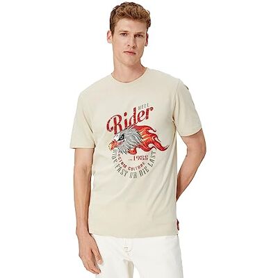 4WAM10217HK Koton Men Eagle Printed Slogan Detail Crew Neck College T-Shirt, beżowy (057), S 4WAM10217HK Koton Men Eagle Printed Slogan Detail Crew Neck College T-Shirt, beżowy (057), S