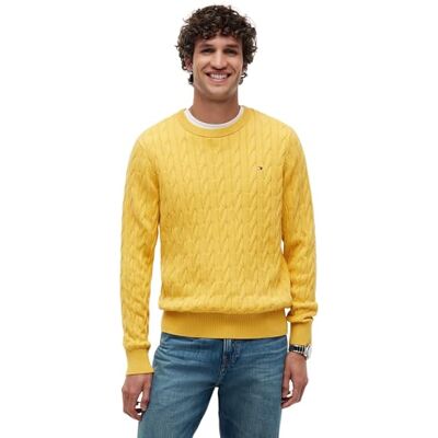 MW0MW33132 Tommy Hilfiger Męski klasyczny bawełniany kabel okrągły dekolt sweter sweter, żółty, S, Żółty (Morning Side Yellow Heather), S MW0MW33132 Tommy Hilfiger Męski klasyczny bawełniany kabel okrągły dekolt sweter sweter, żółty, S, Żółty (Morning Side Yellow Heather), S