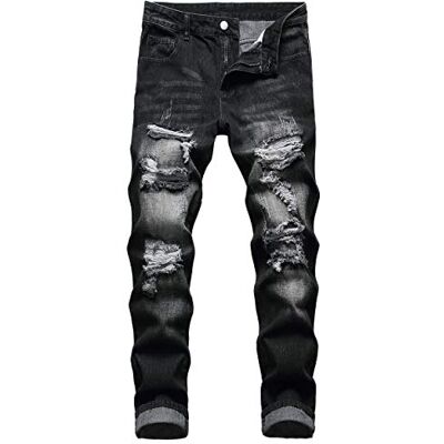 MXCVYCC Męskie dżinsy z rozcięciem, slim fit, postarzane, proste nogawki, modne spodnie jeansowe, Czarny, 46 MXCVYCC Męskie dżinsy z rozcięciem, slim fit, postarzane, proste nogawki, modne spodnie jeansowe, Czarny, 46