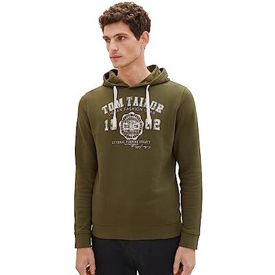1039896 TOM TAILOR Męska bluza z kapturem Basic Hoodie z nadrukiem logo, 13050 Olive Night Green, M 1039896 TOM TAILOR Męska bluza z kapturem Basic Hoodie z nadrukiem logo, 13050 Olive Night Green, M
