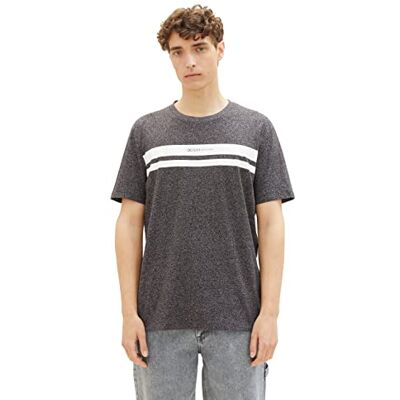 1038750 TOM TAILOR Denim Męski T-shirt z nadrukiem w paski i logo, 10723-czarny Non-solid, S 1038750 TOM TAILOR Denim Męski T-shirt z nadrukiem w paski i logo, 10723-czarny Non-solid, S
