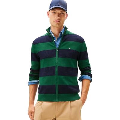 MW0MW41483 Tommy Hilfiger Męski blokowy pasek bawełniany zamek błyskawiczny przez sweter z zamkiem błyskawicznym, zielony, M, Zielony (Ozdobne Zielone/Pustynne Niebo), M MW0MW41483 Tommy Hilfiger Męski blokowy pasek bawełniany zamek błyskawiczny przez sweter z zamkiem błyskawicznym, zielony, M, Zielony (Ozdobne Zielone/Pustynne Niebo), M