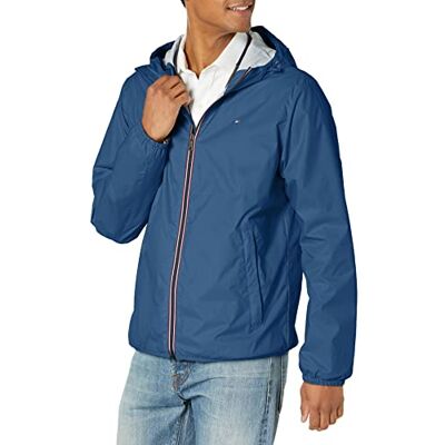 157AN076-421-S Tommy Hilfiger Męska kurtka przeciwdeszczowa z trójkolorowym zamkiem błyskawicznym, Niebieski morski, S 157AN076-421-S Tommy Hilfiger Męska kurtka przeciwdeszczowa z trójkolorowym zamkiem błyskawicznym, Niebieski morski, S