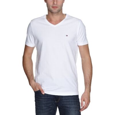 Tommy Hilfiger Męski T-shirt Flag Tee V-NK S/S RF/857820453, biały (100 Classic White), 56 Tommy Hilfiger Męski T-shirt Flag Tee V-NK S/S RF/857820453, biały (100 Classic White), 56