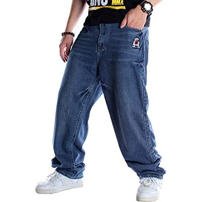 Ylingjun Męskie luźne dżinsy hip-hopowe w stylu casual luźne haftowane spodnie skateboardowe niebieskie 48, kolor niebiesko-biały, 30 Ylingjun Męskie luźne dżinsy hip-hopowe w stylu casual luźne haftowane spodnie skateboardowe niebieskie 48, kolor niebiesko-biały, 30