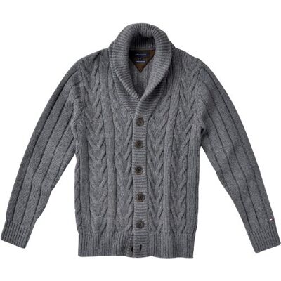 Tommy Hilfiger Męska kurtka z dzianiny 887804254 / Chris Shawl Cable Cardi CF, Szary (Silver Fog Htr), 56 Tommy Hilfiger Męska kurtka z dzianiny 887804254 / Chris Shawl Cable Cardi CF, Szary (Silver Fog Htr), 56