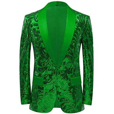 PYJTRL Męska marynarka z elegancką satynową twarzą i cekinami, kwiatowy wzór, zielony, XXL PYJTRL Męska marynarka z elegancką satynową twarzą i cekinami, kwiatowy wzór, zielony, XXL