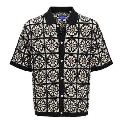 12278724-4780492 JACK & JONES Jorcartagena Crochet Knit Polo męska, czarny, XXL 12278724-4780492 JACK & JONES Jorcartagena Crochet Knit Polo męska, czarny, XXL