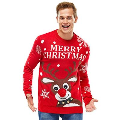 C-XJ-19002-MA-L-UK05 Unisex męski świąteczny sweter zabawny brzydki dinozaur lama Rudolf renifer Święty Mikołaj Boże Narodzenie damski sweter, Czerwony nos Roudolph-dzwoneczek, L C-XJ-19002-MA-L-UK05 Unisex męski świąteczny sweter zabawny brzydki dinozaur lama Rudolf renifer Święty Mikołaj Boże Narodzenie damski sweter, Czerwony nos Roudolph-dzwoneczek, L
