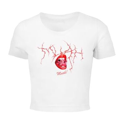 MST010 Miss Tee Damska koszulka Muah Cropped Tee, koszulka z odkrytym brzuchem, koszulka z nadrukiem z przodu, bawełna, rozmiary XS 5XL, biały, XXL MST010 Miss Tee Damska koszulka Muah Cropped Tee, koszulka z odkrytym brzuchem, koszulka z nadrukiem z przodu, bawełna, rozmiary XS 5XL, biały, XXL