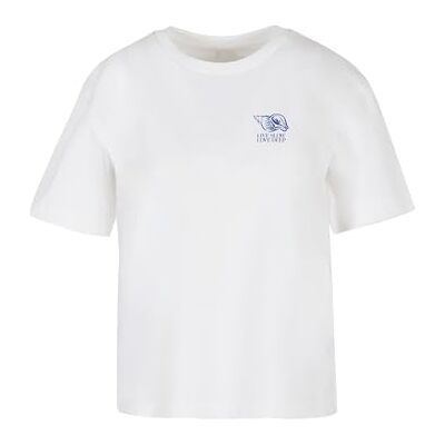 MST361 Miss Tee Damski T-Shirt Live Slow – Oversized bawełniana koszulka z nadrukiem muszli i typo, morski wygląd, luźny krój, krótki rękaw, biały MST361 Miss Tee Damski T-Shirt Live Slow – Oversized bawełniana koszulka z nadrukiem muszli i typo, morski wygląd, luźny krój, krótki rękaw, biały
