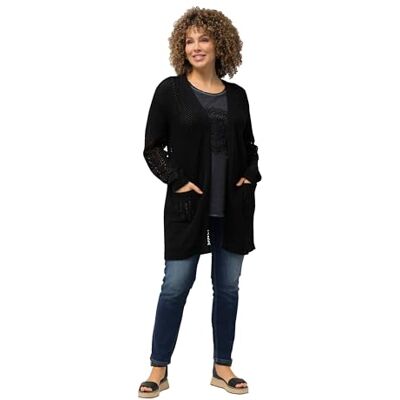 825108 Ulla Popken Damski duży rozmiar, plus size, długi kardigan, wygląd siatki, otwarty kształt, dekolt w serek , czarny, 54-56 825108 Ulla Popken Damski duży rozmiar, plus size, długi kardigan, wygląd siatki, otwarty kształt, dekolt w serek , czarny, 54-56