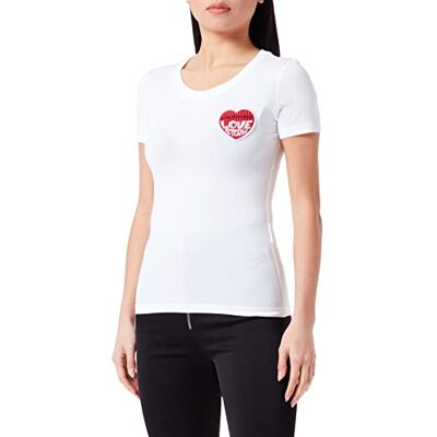 W 4 H19 80 E 1951 Love Moschino Damska koszulka z krótkim rękawem z wyszywaną miłością Storm Knit Effect Heart Patch, Bia?y czerwony, 48 W 4 H19 80 E 1951 Love Moschino Damska koszulka z krótkim rękawem z wyszywaną miłością Storm Knit Effect Heart Patch, Bia?y czerwony, 48
