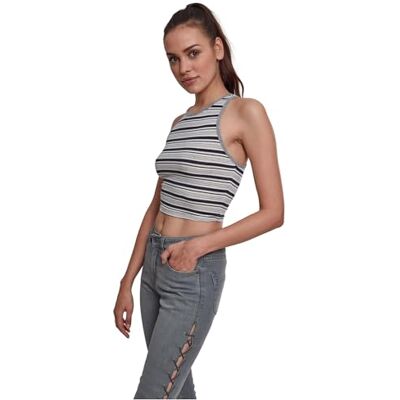 TB1931-01312 Urban Classics Damski top damski Rib Stripe Cropped Top, Wielokolorowy (Navy/White/Grey 01312), XL TB1931-01312 Urban Classics Damski top damski Rib Stripe Cropped Top, Wielokolorowy (Navy/White/Grey 01312), XL