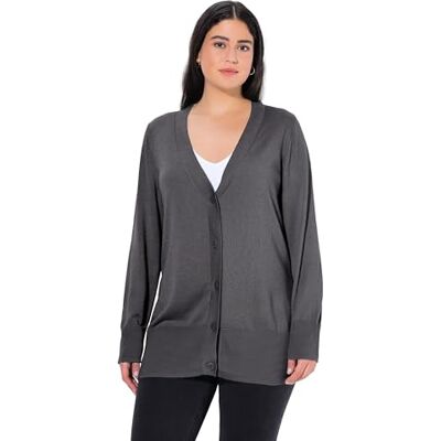 791605 Ulla Popken damski duży rozmiar, duże rozmiary, plus size, kardigan z dzianiny, dekolt w serek, listwa guzikowa, delikatna dzianina, antracytowy melanż, 42-44 791605 Ulla Popken damski duży rozmiar, duże rozmiary, plus size, kardigan z dzianiny, dekolt w serek, listwa guzikowa, delikatna dzianina, antracytowy melanż, 42-44