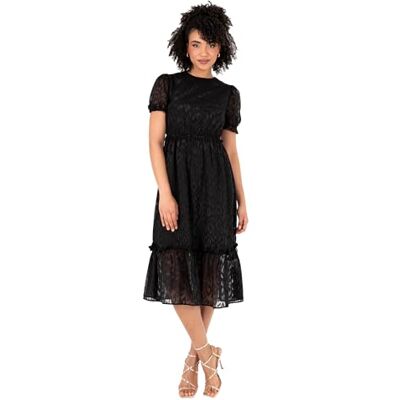 PL9-0320 Lovedrobe Damska sukienka midi z okrągłym dekoltem, krótki rękaw, nadruk zwierzęcy, jednoliniowa, casualowa, okazja, Czarny (Black), 42 PL9-0320 Lovedrobe Damska sukienka midi z okrągłym dekoltem, krótki rękaw, nadruk zwierzęcy, jednoliniowa, casualowa, okazja, Czarny (Black), 42