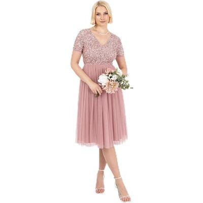 AZ2617MIDI-PC Maya Deluxe Damska zdobiona suknia wieczorowa midi damska dekolt w serek z krótkim rękawem na studniówkę, wesele, dla druhny, róża vintage, 26, Vintage Rose, 52 AZ2617MIDI-PC Maya Deluxe Damska zdobiona suknia wieczorowa midi damska dekolt w serek z krótkim rękawem na studniówkę, wesele, dla druhny, róża vintage, 26, Vintage Rose, 52