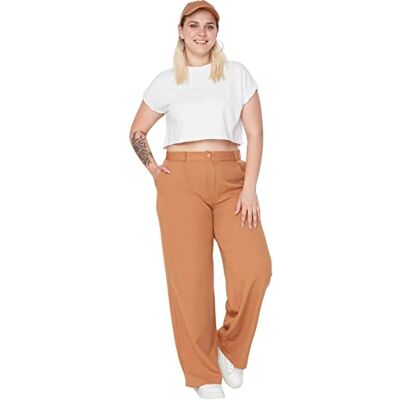 TBBAW23AR00007 Trendyol High Waist Wide Leg Plus Size Spodnie Damskie, Brązowy, 48 TBBAW23AR00007 Trendyol High Waist Wide Leg Plus Size Spodnie Damskie, Brązowy, 48