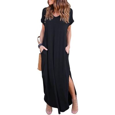 008-Black 01-S HUSKARY Damska letnia sukienka maxi na co dzień luźne kieszenie długa sukienka z krótkim rękawem dzielona, Czarny 01, S 008-Black 01-S HUSKARY Damska letnia sukienka maxi na co dzień luźne kieszenie długa sukienka z krótkim rękawem dzielona, Czarny 01, S