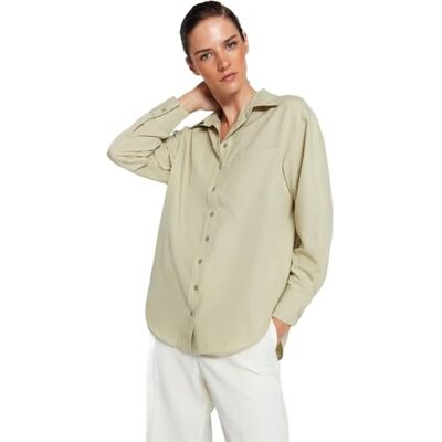TWOAW20GO0115 TRENDYOL Damska prosta koszula z długimi rękawami plus size, Light Khaki, 34 Duże rozmiary TWOAW20GO0115 TRENDYOL Damska prosta koszula z długimi rękawami plus size, Light Khaki, 34 Duże rozmiary