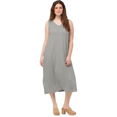 829148 Ulla Popken Damska sukienka midi, duże rozmiary, plus size, dekolt w serek, bez rękawów, bawełna ekologiczna , szary, 50-52 829148 Ulla Popken Damska sukienka midi, duże rozmiary, plus size, dekolt w serek, bez rękawów, bawełna ekologiczna , szary, 50-52