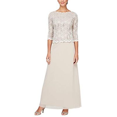 212318 Alex Evenings Women's 3/4 Sleeve Stretch Lace Bodice One Piece Mother of The Bride Dress Regular Sizes, New Taupe, 14 Petite 212318 Alex Evenings Women's 3/4 Sleeve Stretch Lace Bodice One Piece Mother of The Bride Dress Regular Sizes, New Taupe, 14 Petite