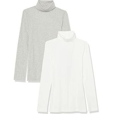 AEW30290F23_WHITE/grey Amazon Essentials Damski top z golfem o wąskim kroju z długim rękawem i prążkowanym ściągaczem (dostępny w dużych rozmiarach), 2 sztuki, biały/szary, S AEW30290F23_WHITE/grey Amazon Essentials Damski top z golfem o wąskim kroju z długim rękawem i prążkowanym ściągaczem (dostępny w dużych rozmiarach), 2 sztuki, biały/szary, S