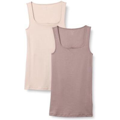 AEW30158SS22-Taup-Small Amazon Essentials Damski tank top slim fit z kwadratowym dekoltem, 2 sztuki, jasnobeżowy/ciemny taupe, S AEW30158SS22-Taup-Small Amazon Essentials Damski tank top slim fit z kwadratowym dekoltem, 2 sztuki, jasnobeżowy/ciemny taupe, S