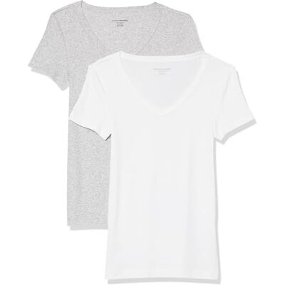 P_AE1458_M2-Greyy-X-Small Amazon Essentials Women's Koszulka z krótkim rękawem z dekoltem w serek slim fit, Pack of 2, Biały/Jasnoszary wrzos, XS P_AE1458_M2-Greyy-X-Small Amazon Essentials Women's Koszulka z krótkim rękawem z dekoltem w serek slim fit, Pack of 2, Biały/Jasnoszary wrzos, XS
