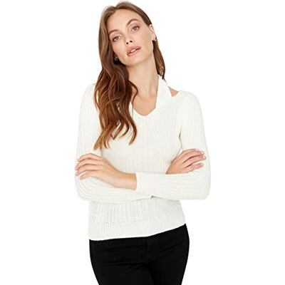 TWOAW23KZ01379 Trendyol Damski sweter z dzianiny slim basic z dekoltem w serek, Ecru, M TWOAW23KZ01379 Trendyol Damski sweter z dzianiny slim basic z dekoltem w serek, Ecru, M