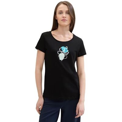 1042784 TOM TAILOR Damski Basic T-shirt z nadrukiem kwiatowym, 14482 – Deep Black, XXL 1042784 TOM TAILOR Damski Basic T-shirt z nadrukiem kwiatowym, 14482 – Deep Black, XXL