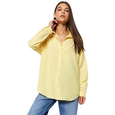 TWOSS22GO0669 Trendyol Damska prosta koszula z długim rękawem plus size, żółty, 36 duże rozmiary TWOSS22GO0669 Trendyol Damska prosta koszula z długim rękawem plus size, żółty, 36 duże rozmiary