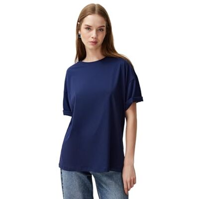 TWOSS20TS0134 Trendyol Damska koszulka Basic Boyfriend Basic Crew Neck Knit Navy Blue, granatowy, XS TWOSS20TS0134 Trendyol Damska koszulka Basic Boyfriend Basic Crew Neck Knit Navy Blue, granatowy, XS