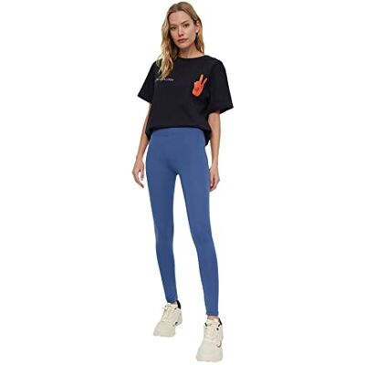TWOAW20TA0047 Rajstopy z dzianiny z wysokim stanem, legginsy damskie z dzianiny, Niebieski, L TWOAW20TA0047 Rajstopy z dzianiny z wysokim stanem, legginsy damskie z dzianiny, Niebieski, L