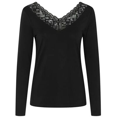 10612762 Damska koszulka z długim rękawem V-Neck Lace Edge Regular Fit Koszulka, Pitch Black, XS 10612762 Damska koszulka z długim rękawem V-Neck Lace Edge Regular Fit Koszulka, Pitch Black, XS