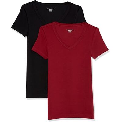 P_AE1458_M2-Burcha-Medium Amazon Essentials Women's Koszulka z krótkim rękawem z dekoltem w serek slim fit, Pack of 2, Bordowy/Czarny, M P_AE1458_M2-Burcha-Medium Amazon Essentials Women's Koszulka z krótkim rękawem z dekoltem w serek slim fit, Pack of 2, Bordowy/Czarny, M