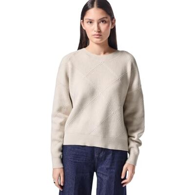 F302981 Damski sweter ze wzorem strukturalnym, kremowy biały melanż, 38 F302981 Damski sweter ze wzorem strukturalnym, kremowy biały melanż, 38