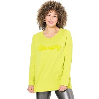 832579 Ulla Popken Damska koszulka duże rozmiary plus size, nadruk flokowany, linia A, okrągły dekolt, długie rękawy, otwarte krawędzie, jasnozielony, 62-64 832579 Ulla Popken Damska koszulka duże rozmiary plus size, nadruk flokowany, linia A, okrągły dekolt, długie rękawy, otwarte krawędzie, jasnozielony, 62-64