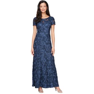 112788-410 Alex Evenings Damska sukienka z rozetą o kroju plus size z krótkimi rękawami na specjalne okazje, granatowy, 40 112788-410 Alex Evenings Damska sukienka z rozetą o kroju plus size z krótkimi rękawami na specjalne okazje, granatowy, 40
