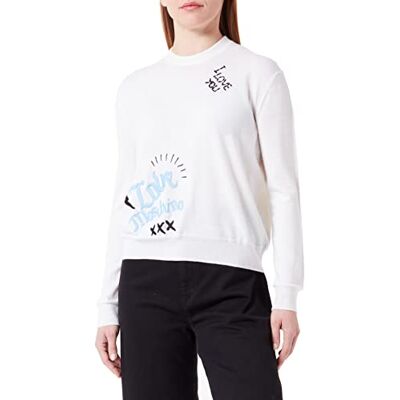 W S M39 11 X 1148 Love Moschino Damski sweter o regularnym kroju z długim rękawem z okrągłym dekoltem z emblematami, miks, optical white, 48 W S M39 11 X 1148 Love Moschino Damski sweter o regularnym kroju z długim rękawem z okrągłym dekoltem z emblematami, miks, optical white, 48