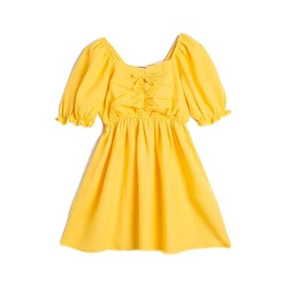 3SKG80018AW Koton Girls's Linen Short Puff Sleeve Front Shirred Square Neck Dress, żółty (163), 7-8 Lat 3SKG80018AW Koton Girls's Linen Short Puff Sleeve Front Shirred Square Neck Dress, żółty (163), 7-8 Lat