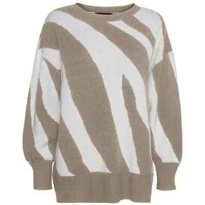 10310665 VERO MODA Vmnancy Ls O-Neck długi sweter z dzianiny Boo, Silver Mink/Szczegóły: w. Birch Animal Print, S 10310665 VERO MODA Vmnancy Ls O-Neck długi sweter z dzianiny Boo, Silver Mink/Szczegóły: w. Birch Animal Print, S