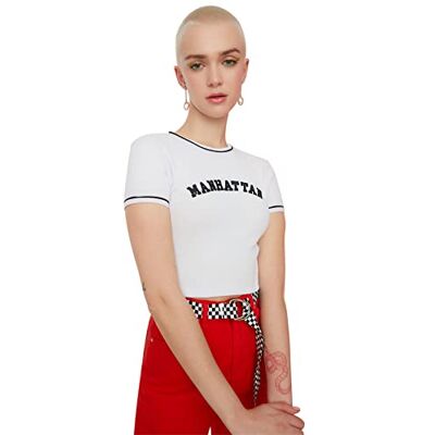 TWOSS21BZ1193 Trendyol Damska bluza z białym nadrukiem Super Crop Knitted Blouse, biały, M TWOSS21BZ1193 Trendyol Damska bluza z białym nadrukiem Super Crop Knitted Blouse, biały, M