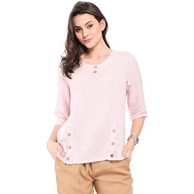 BFTTDP-100292-XL Bonateks damska top 100% lniana tunika Made in Italy, okrągły dekolt z guzikami i półrękawami, różowa, rozmiar: XL, Różowy, XL BFTTDP-100292-XL Bonateks damska top 100% lniana tunika Made in Italy, okrągły dekolt z guzikami i półrękawami, różowa, rozmiar: XL, Różowy, XL