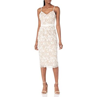 DDR920-K542-112-XX-Large Dress the Population Damska sukienka Emma Midi z dekoltem w serek, haftowana, bez rękawów, z paskiem, białe złoto, XXL DDR920-K542-112-XX-Large Dress the Population Damska sukienka Emma Midi z dekoltem w serek, haftowana, bez rękawów, z paskiem, białe złoto, XXL