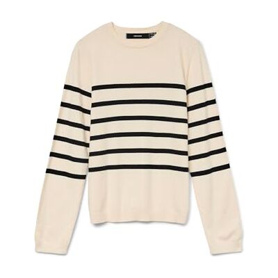 10309324-4517684 VERO MODA Vmsaba Plain Ls sweter z okrągłym dekoltem Ga Noos sweter z dzianiny, Brzoza/paski: czarny, L 10309324-4517684 VERO MODA Vmsaba Plain Ls sweter z okrągłym dekoltem Ga Noos sweter z dzianiny, Brzoza/paski: czarny, L